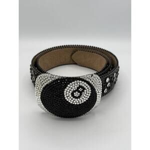 B.B. Simon Crystal Rhinestone Belt Black Leather Size 34 Pool 8 Ball Buckle Y2K